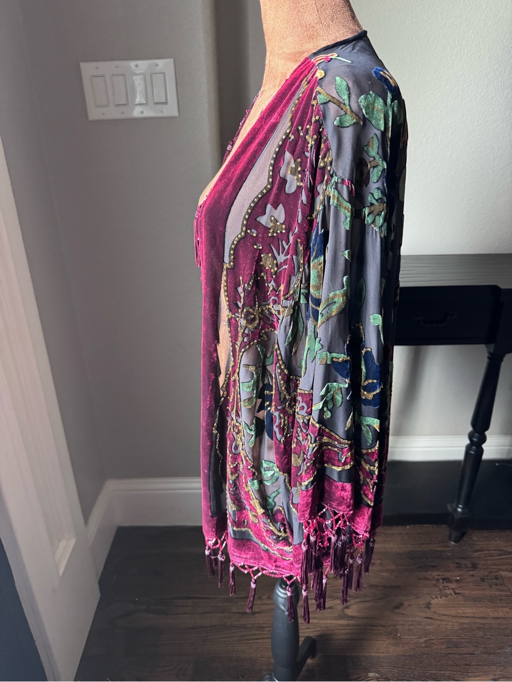 R&K Evening Silk Burnout Velvet Beaded Kimono Duster Jacket S/M Vintage - Picture 2 of 16